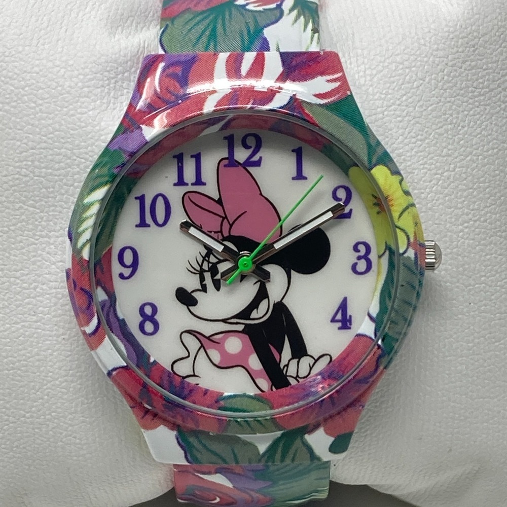 Disney Minnie Mouse Watch Women 38mm Floral Cuff Pink Green New Battery 6.25"